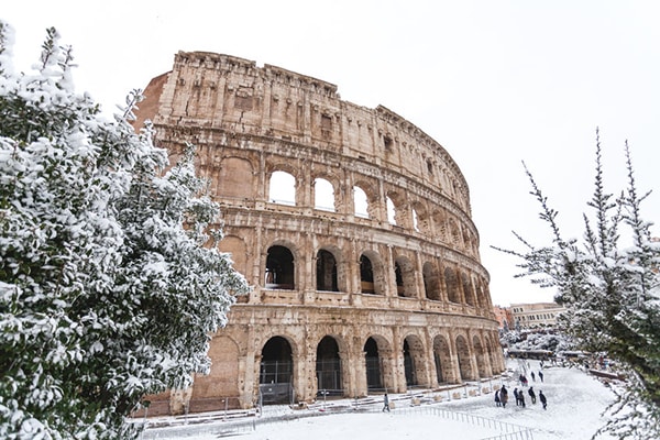 Christmas in Rome and the Colosseum in snow