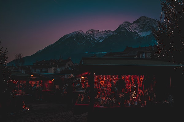Italy Christmas Market at Sunset in the Mountains